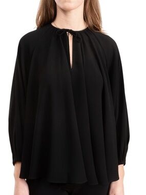CO ESSENTIALS BLACK CREPE CIRCLE TIE NECK TUNIC BLOUSE W BALLOON LONG SLEEVES